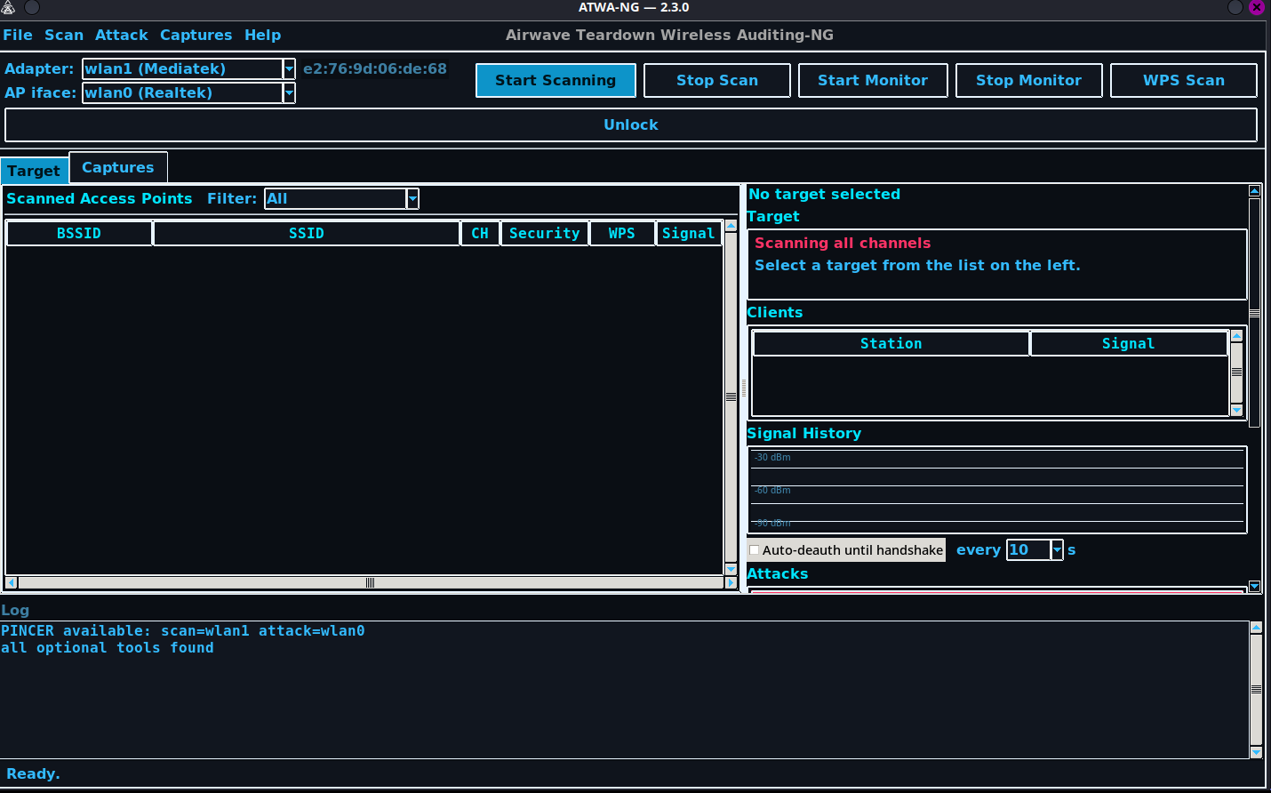 ATWA-NG GUI — adapter selection, scan list, target panel, attacks and log
